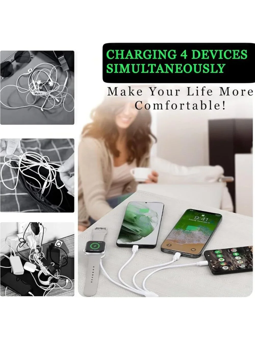 4-in-1 Multi Charging Cable for Apple Watch, iPhone, USB-C & Micro - 4FT Travel